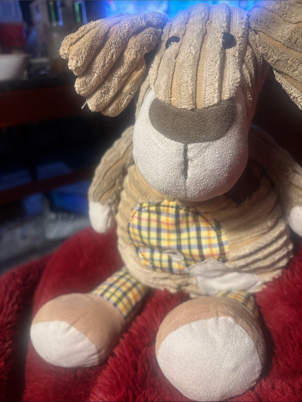 Jellycat Tan and Cream Corduroy Puppy with Plaid Heart
